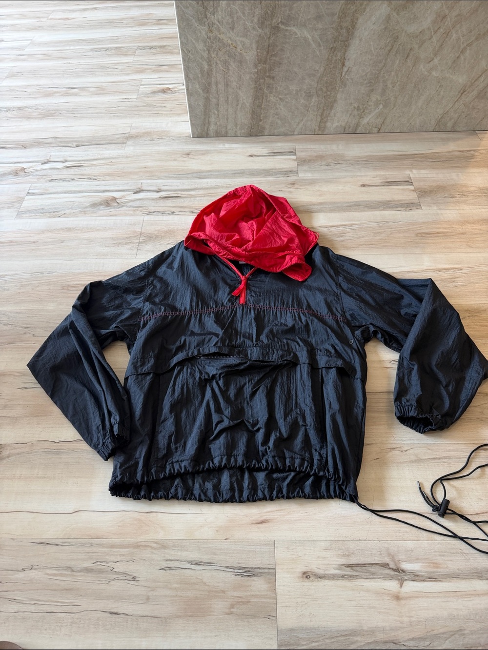 Black Windbreaker Pullover with Red Hood
